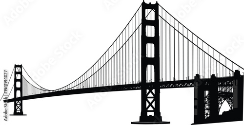 Suspension bridge silhouette with tall towers, vertical cables, iconic landmark architecture, engineering structure, Golden Gate inspired design illustration