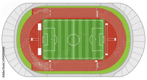 Aerial View of a Stadium with Track and Field.
