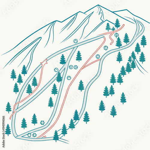 Clean line art map of a ski resort with marked slopes, trees, and lift icons