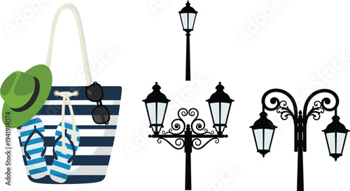 Summer beach bag with hat and flip flops, and vintage street lamp silhouettes illustration set for vacation and urban design concept