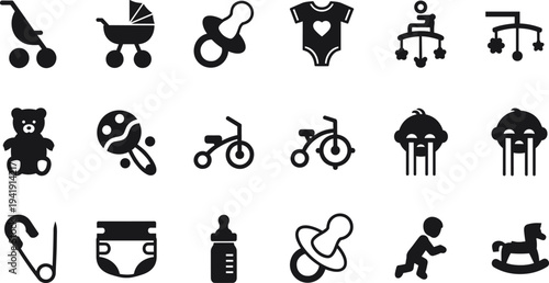 Vector illustration of baby and childhood icons including stroller, pacifier, teddy bear, bottle, diaper, and rocking horse symbolizing care, identity, diversity