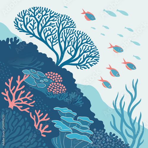 Vibrant underwater illustration of a coral reef with colorful fish and diverse marine life