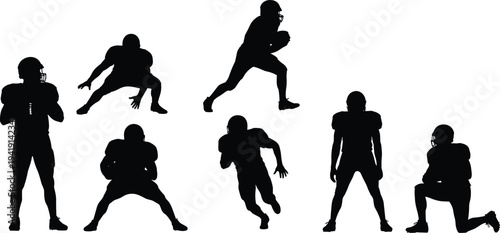 Vector illustration of American football silhouettes showing diverse player poses including throwing, running, crouching, and kneeling symbolizing sport, motion, identity, diversity
