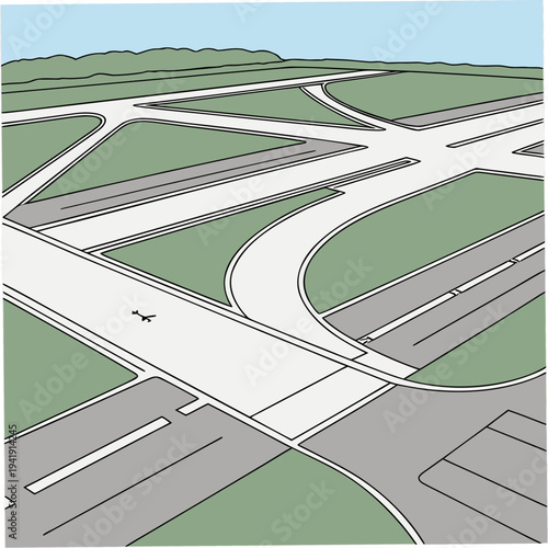 Top-down view of an airport runway intersection with a small airplane