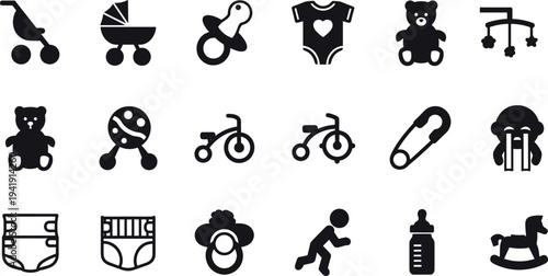 Vector illustration of baby and toddler icons including stroller, pacifier, teddy bear, bottle, diaper, bib, and rocking horse symbolizing care, identity, diversity, culture