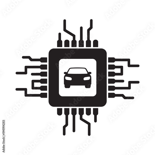 A black silhouette of a computer chip with a car icon inside