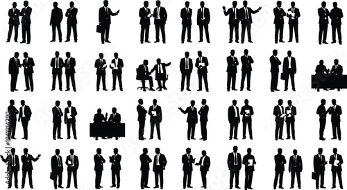Vector illustration of business silhouettes showing professionals interacting in workplace scenarios symbolizing teamwork, communication, identity, diversity, culture, and education