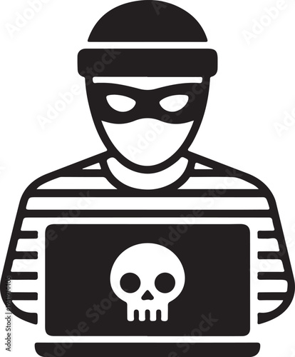 Hacker Icon. Thief in a mask with laptop