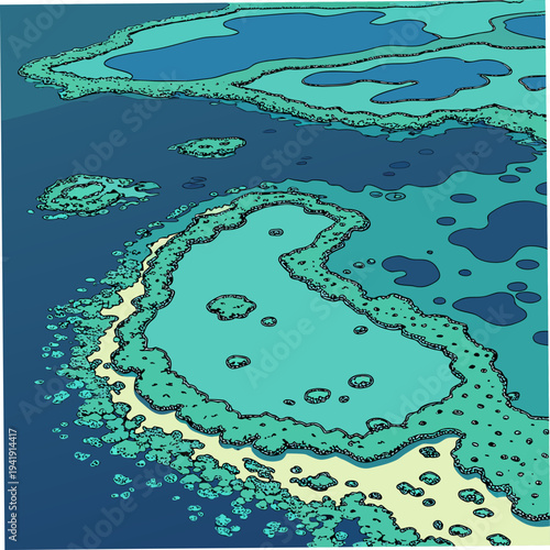 Aerial view illustration of a coastline with islands, lakes, and ocean waters