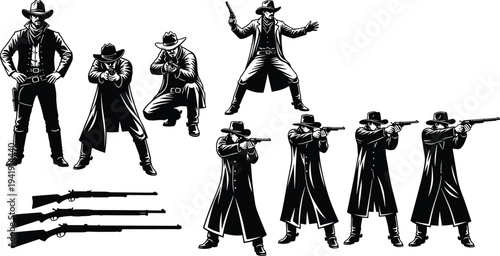 Vector illustration of cowboy silhouettes in Western attire with rifles symbolizing culture, tradition, identity, diversity, inclusivity, heritage, and education