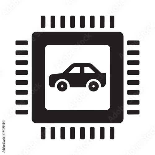 Black silhouette of a car within a microchip icon design
