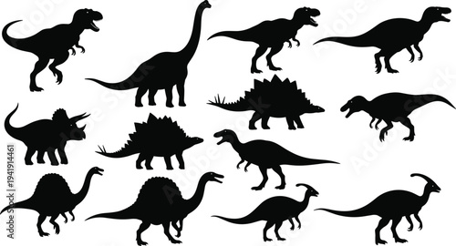 Vector illustration of dinosaur silhouettes including Tyrannosaurus rex, Brachiosaurus, Stegosaurus, Triceratops, and Parasauro