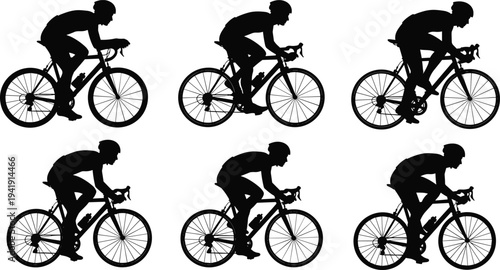 Vector illustration of cycling silhouettes showing riders in different postures symbolizing sport, motion, identity, diversity, culture, tradition, inclusivity, and education