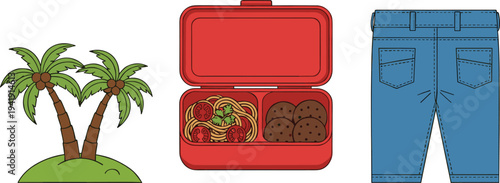 Tropical palm trees island, lunch box with spaghetti and cookies, and blue denim jeans illustration set for travel, food and fashion concept