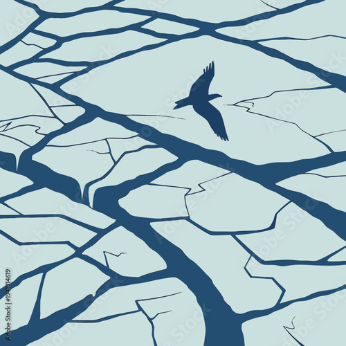 Silhouette of a bird flying over a fractured icy surface with deep blue water channels, minimal nature illustration