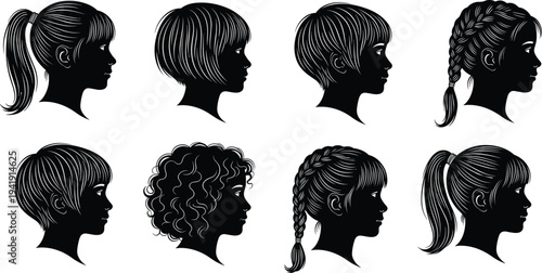 Vector illustration of hairstyle silhouettes with ponytails, braids, bobs, and curls symbolizing fashion, beauty, identity, diversity, culture, tradition, inclusivity, and education