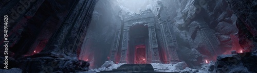 Frozen Citadel: A magnificent structure of ice and snow, with its ancient architectural designs, is seen against the twilight of an endless winter, exuding a sense of mystery and grandeur.