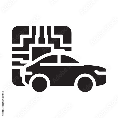 Stylized black silhouette of a car with abstract circuitry design
