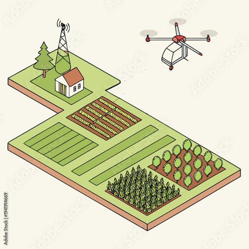 Smart farm concept illustration with drone, communication tower, and fields, showing rural technological integration