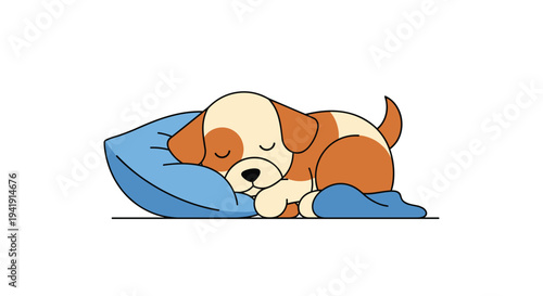 A cute cartoon puppy with brown and white fur is sleeping soundly on a soft blue pillow, partially covered by a blue blanket, against a plain white background.