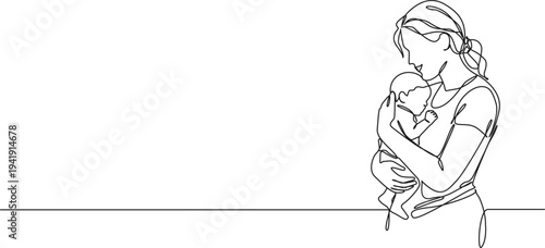 continuous line drawing of mother comforting newborn baby, line art vector illustration