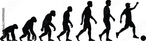 Evolution silhouette illustration showing progression from primate to modern human athlete kicking soccer ball,  fitness, teamwork, history and athletic development design