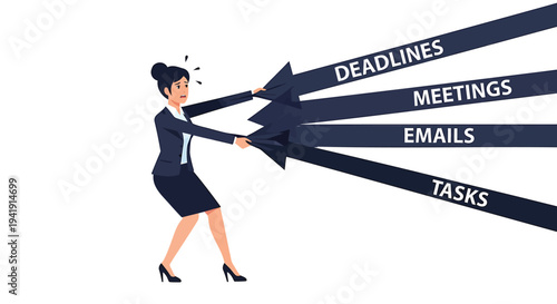 Vector illustration of businesswoman struggling with office tasks and deadlines