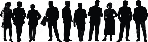 Group of diverse business people silhouettes standing in formal attire, representing teamwork, corporate culture, professional diversity, and social gathering concepts for design projects