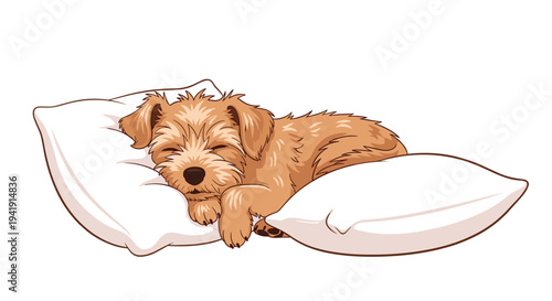 A realistic light brown terrier puppy with textured fur is sleeping peacefully, nestled between two plush white pillows, against a pristine white background.