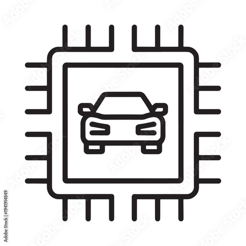 A black and white line drawing of a car inside a microchip
