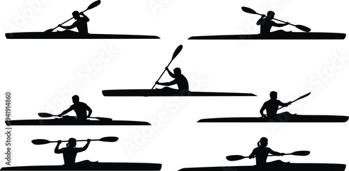 Vector illustration of kayaking silhouettes showing paddling positions and motions symbolizing sport, recreation, identity, diversity, culture, tradition, inclusivity, and education