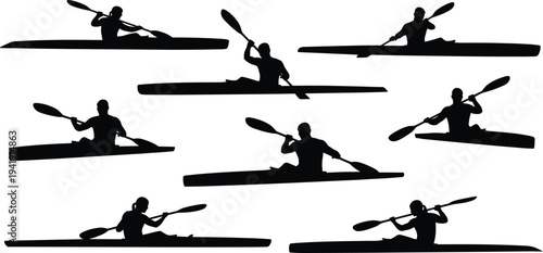 Vector illustration of kayaking silhouettes showing diverse paddling postures and motion symbolizing sport, teamwork, identity, diversity, culture, tradition, inclusivity, and education