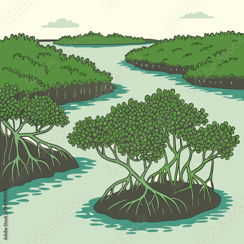 Mangrove forest with intricate root systems and calm water channels, serene natural landscape illustration