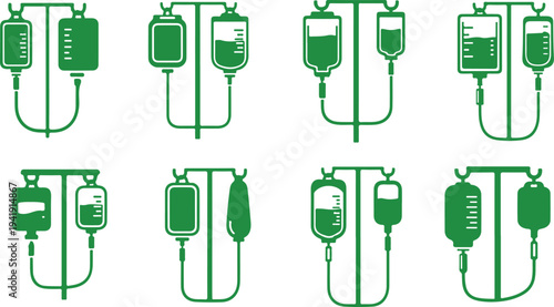 Medical infusion sets and blood collection bags illustrated in various configurations for medical stock imagery