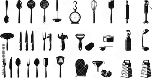 Vector illustration of kitchen utensil silhouettes including spoons, knives, whisk, rolling pin, graters, and oven mitt symbolizing cooking, baking, identity, diversity