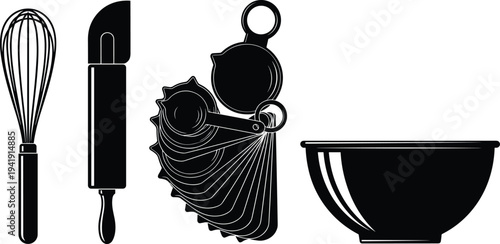 Vector illustration of kitchen utensils including whisk, rolling pin, measuring spoons, and mixing bowl symbolizing cooking, baking, identity, culture, tradition, inclusivity, and education