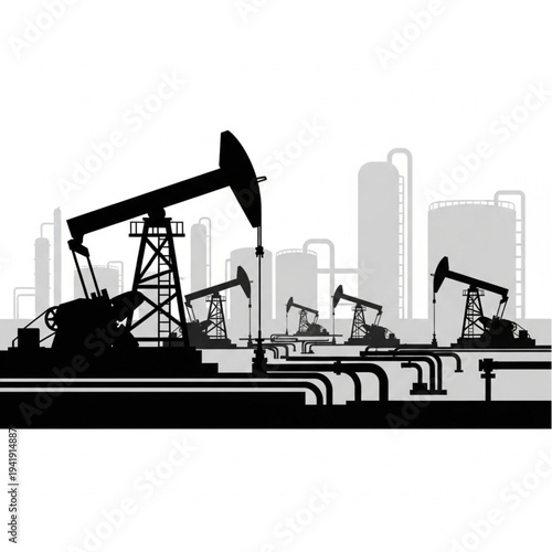 Oil rigs operating in an industrial area with cityscape background.