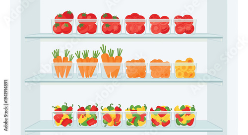 Eighteen clear plastic containers filled with fresh tomatoes, carrots, and bell peppers are meticulously arranged on three glass shelves inside a white refrigerator.