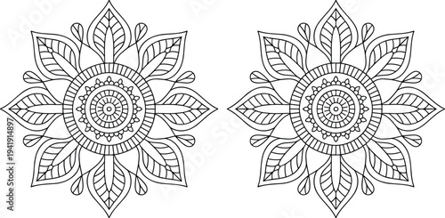 Intricate floral mandala vector ornaments featuring minimalist line art with symmetrical petals and decorative patterns for coloring books.