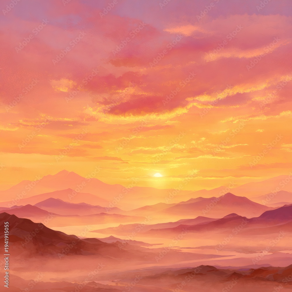 Obraz premium Golden Hour Panorama: A breathtaking view of rolling mountains bathed in the warm, diffused light of a setting sun. The vivid colors of the sky create a majestic landscape