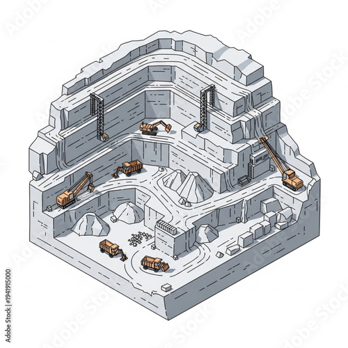 Isometric illustration of a construction site with excavators and dump trucks.