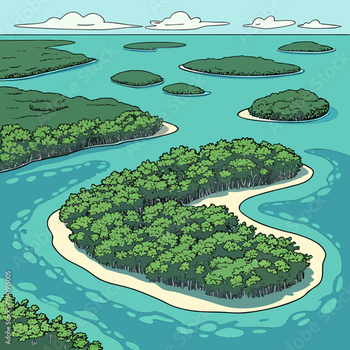 Tropical island paradise with lush green trees, white sandy beach, and turquoise ocean water, scenic aerial view