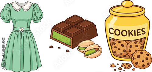 Vintage green dress, pistachio filled chocolate bar and cookie jar illustration set representing fashion style and sweet dessert concept