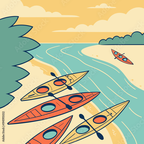 Kayaks lined up on a sandy beach with calm water and a cloudy sky, idyllic summer vacation scene illustration