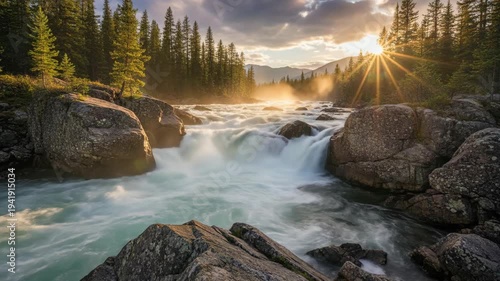 Serene Mountain River Scene with Sunlight Filtering Through Trees.