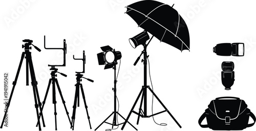 Vector illustration of photography and videography equipment silhouettes including tripods, studio lights, flashes, and camera bag symbolizing creativity, identity, diversity