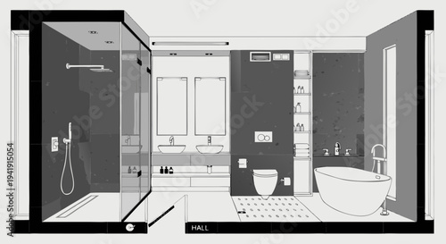 Spacious bathroom in gray tones with heated floors .vector icon
