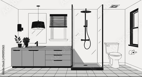 Spacious bathroom in gray tones with heated floors .vector icon
