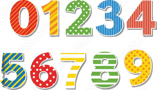 Colorful collection of decorative numbers zero to nine featuring various patterns like polka dots and stripes for kids education.