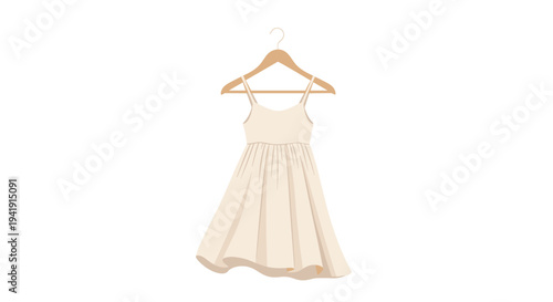 A cream-colored sleeveless short dress with a pleated skirt and thin straps is gracefully hanging on a wooden hanger against a pristine white background.